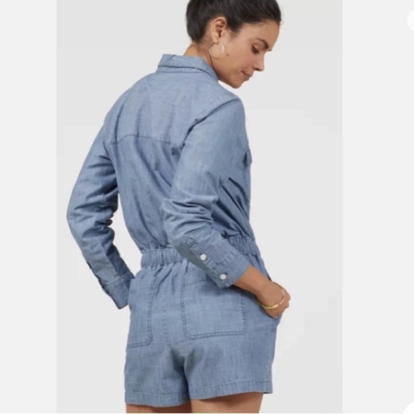 Outerknown Benson Chambray Denim Organic Cotton Jumpsuit $188 Shortall Blue M - Picture 2 of 11